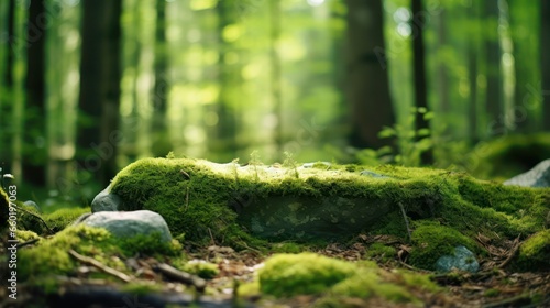 A stone covered with green moss in the forest. Wildlife landscape. Bright Green moss grown up cover the rough stones and on the floor in the forest. Product display mockup.	