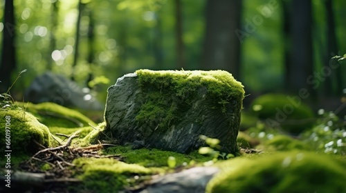 A stone covered with green moss in the forest. Wildlife landscape. Bright Green moss grown up cover the rough stones and on the floor in the forest. Product display mockup.	