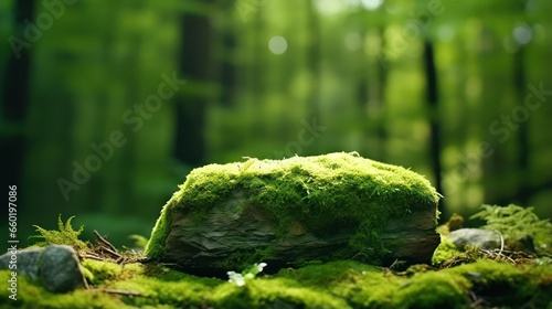 A stone covered with green moss in the forest. Wildlife landscape. Bright Green moss grown up cover the rough stones and on the floor in the forest. Product display mockup. 