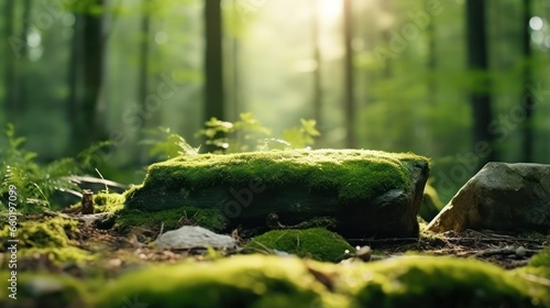 A stone covered with green moss in the forest. Wildlife landscape. Bright Green moss grown up cover the rough stones and on the floor in the forest. Product display mockup.	