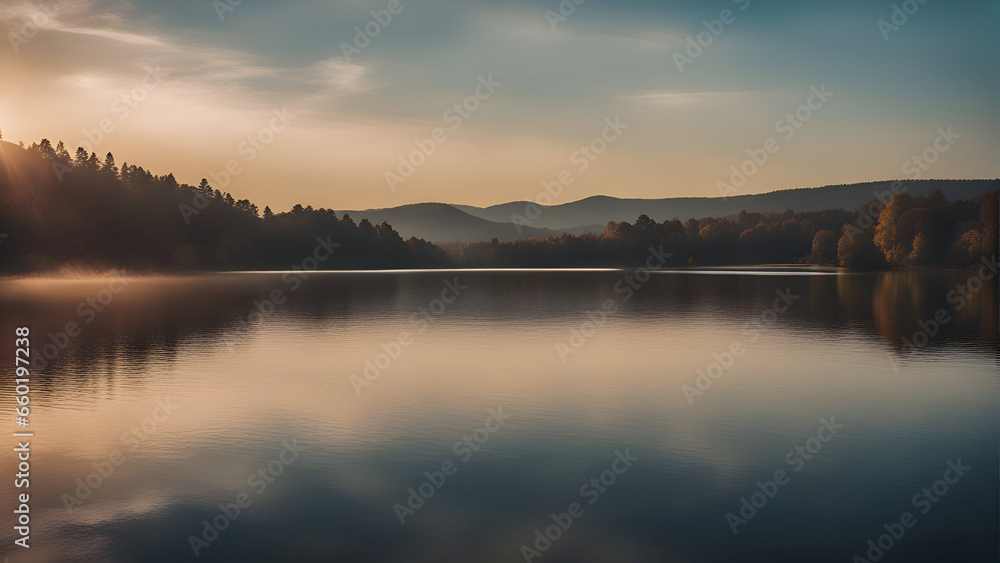 Beautiful autumn landscape with fog on the lake and forest at sunset