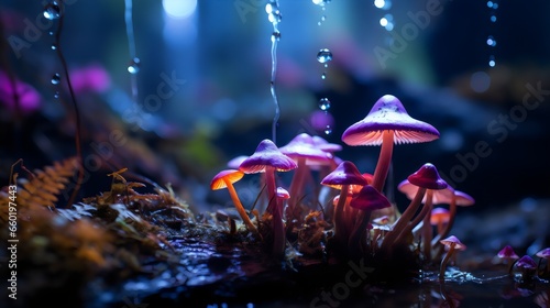 Illustration of a bioluminescent mushrooms in a dark forest, emphasizing the enchanting glow and mysterious atmosphere created by Generative AI