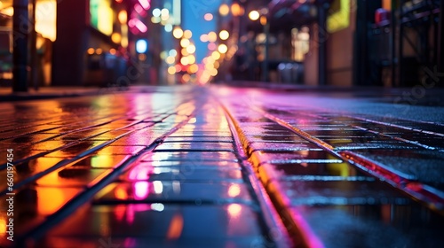 Abstract, Generative AI created illustration of neon lights reflected on a wet street, capturing vibrant colors and dynamic reflections, suitable for urban and modern designs. 