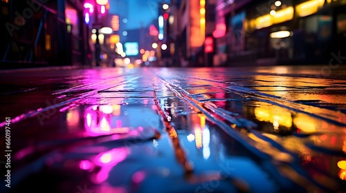 Abstract, Generative AI created illustration of neon lights reflected on a wet street, capturing vibrant colors and dynamic reflections, suitable for urban and modern designs. 