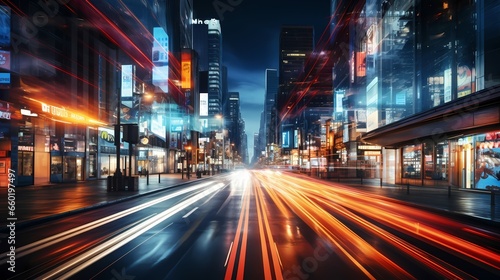 Abstract, high-resolution illustration of light trails in a bustling city, created by Generative AI © FEROHORA