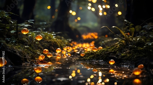 Generative AI created illustration of light trails created by fireflies in a dark forest, capturing the whimsical and enchanting atmosphere, suitable for magical and nature themes.