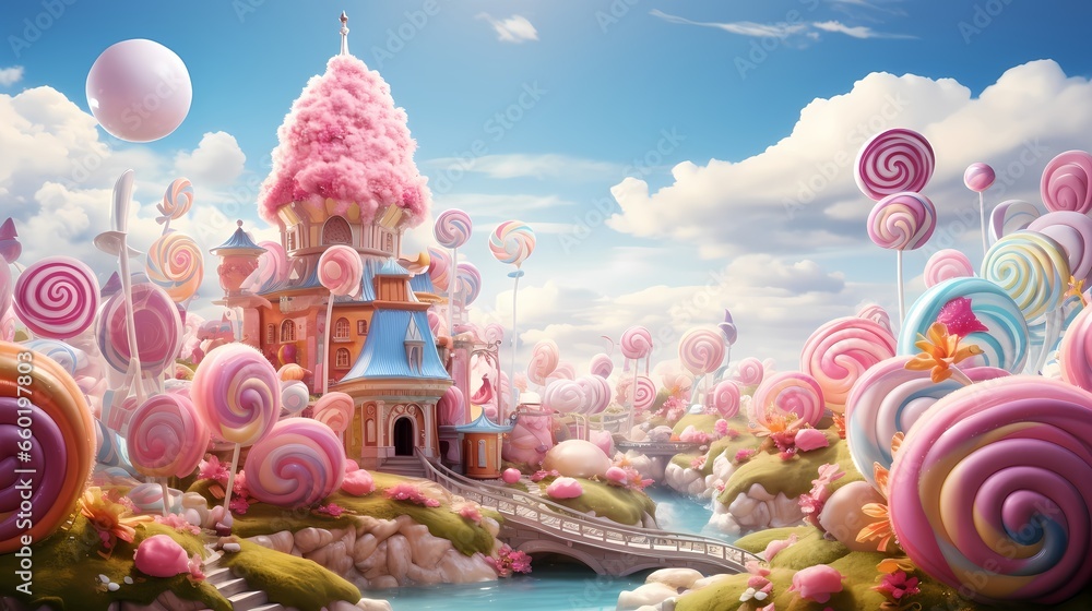 A wonderful colorful fairy tale village, town or a city partially built from a candy and sweets, created by Generative AI.
