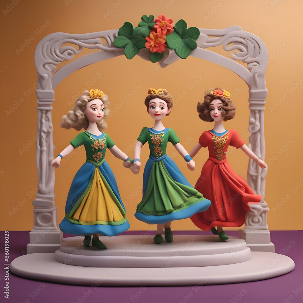 3d illustration of three girls in colorful dresses standing on a podium