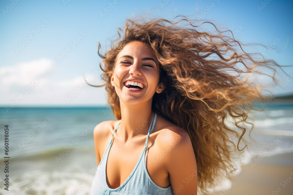 Portrait of a very happy young woman loving the life shes living having fun on the beach with the surf in the background having fun relaxing no cares or worries holiday vacation in the sun Portrait of a very happy young woman loving the life shes living having fun on the beach with the surf in the background having fun relaxing no cares or worries holiday vacation in the sun