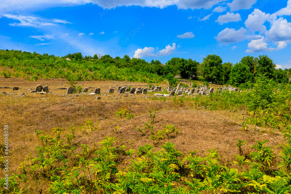 Abandoned Jewish cemetery in the village of Vadul-Rashkov Moldova. Background with selective focus