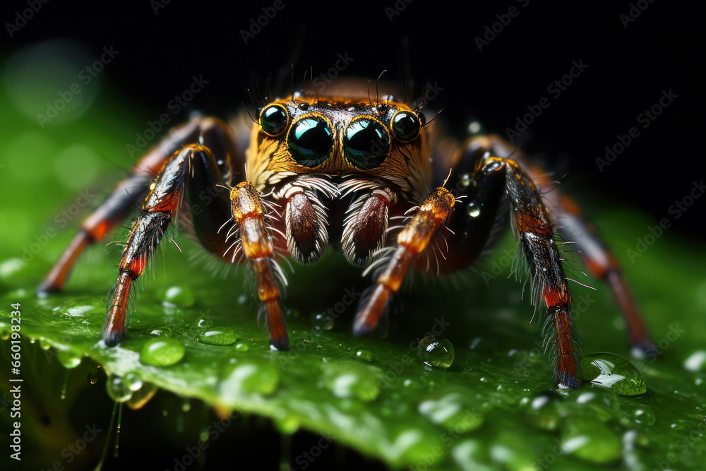 Macro view of cute spider sitting on green leaf with water drops Macro view of cute spider sitting on green leaf with water drops