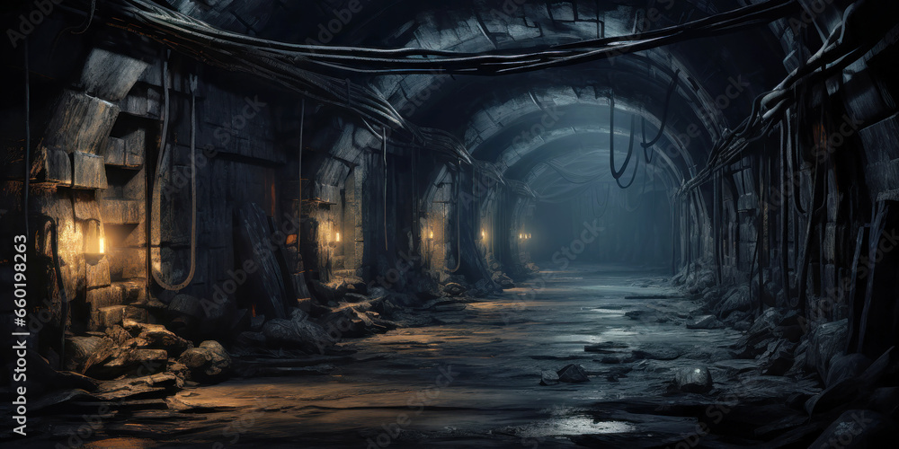 Naklejka premium Dark spooky underground tunnel, old abandoned industrial dungeon