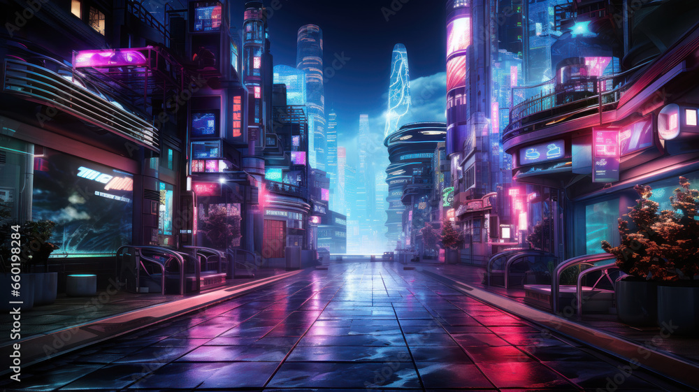 Neon street in cyberpunk city at night, modern buildings in purple lights - obrazy, fototapety, plakaty 