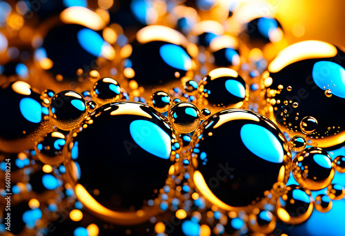 Liquid wallpaper, abstract 3D background. Background of golden liquid oil bubbles.
