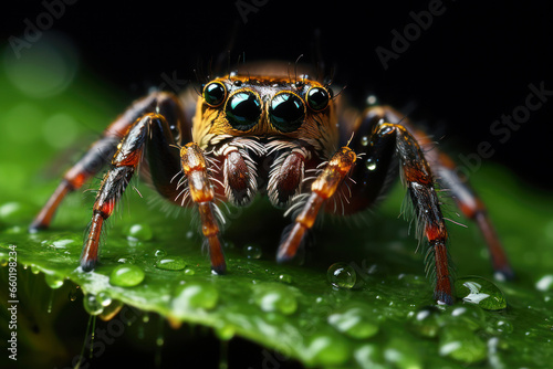 Macro view of cute spider sitting on green leaf with water drops