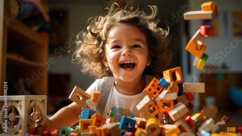 Fototapeta Happy child playing with colorful toy blocks, kid having fun in room