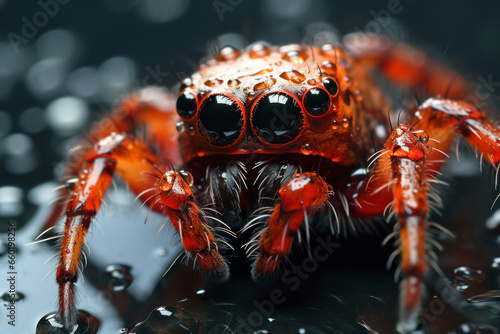 Red spider with water drops on dark gray background, macro view