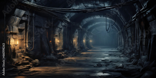 Dark spooky underground tunnel, old abandoned industrial dungeon