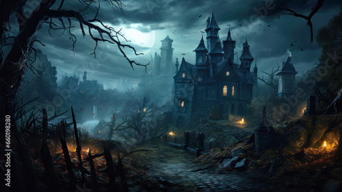 Spooky landscape with haunted Gothic house and moon on Halloween night