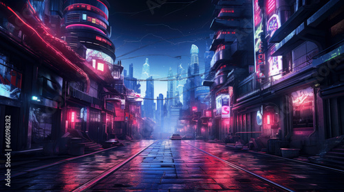 Cyberpunk neon city at night, empty street with modern tall building