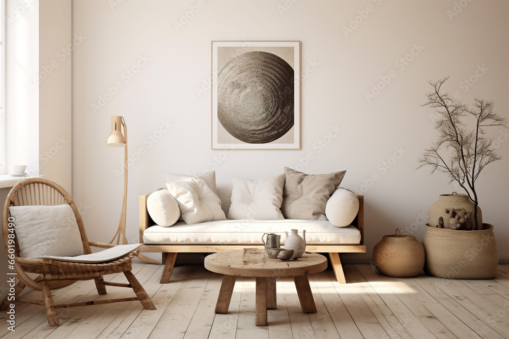 Obraz na płótnie Living room interior with wood elements in rustic style, cozy home w salonie
