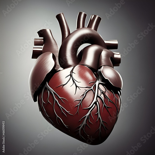 Human heart with veins on gray background. 3d render illustration.