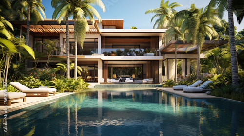 Modern villa, luxury house with pool and tropical plants in summer © karina_lo