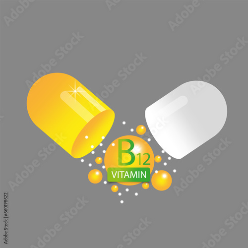 Vitamin B12 in open yellow capsule. Health pill. Vector illustration. EPS 10.