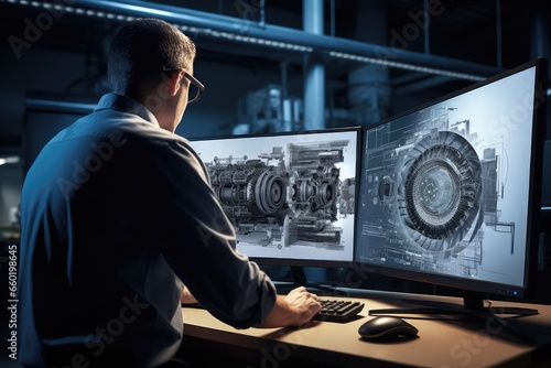 Engineer designing engine in 3D on computer inside the heavy industry factory industrial
