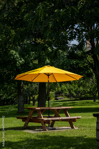 rural landscape with wooden table with benches and yellow umbrella on a farm in Canada.