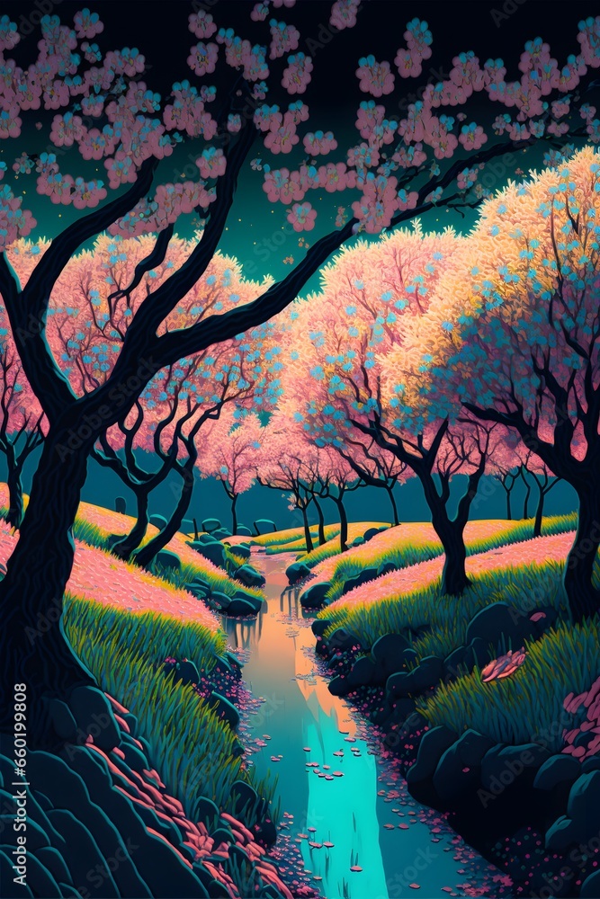 iridescent peach trees blossoming in a lush grove psychedelic celestial stream 