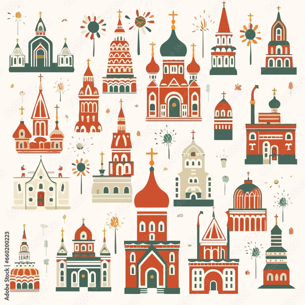 Russian orthodox churches pattern, background, hand-drawn cartoon flat art Illustrations in minimalist vector style