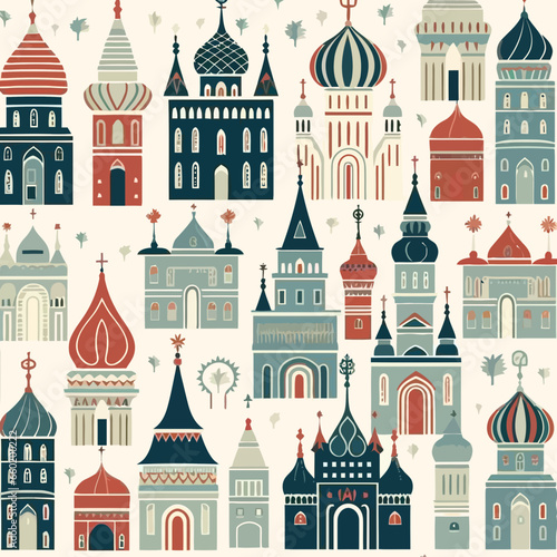 Obraz na plátne Russian orthodox churches pattern, background, hand-drawn cartoon flat art Illus