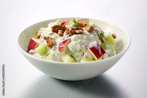 Appetizing Waldorf salad. Traditional American cuisine. Popular authentic dishes. Background with selective focus