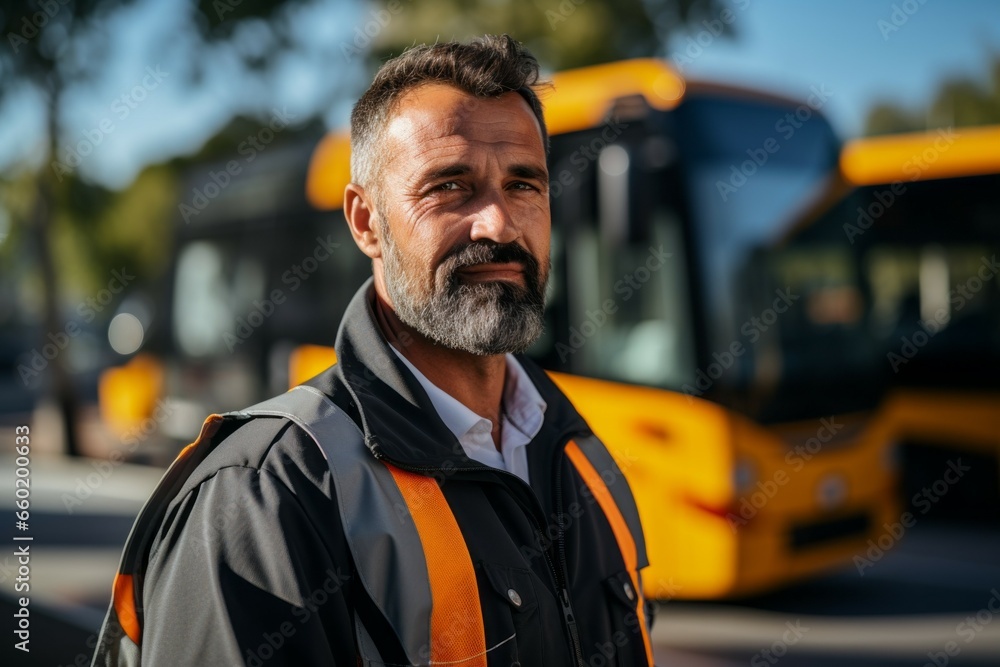 Driver in a public utility service. Top in-demand profession concept. Portrait with selective focus and copy space Driver in a public utility service. Top in-demand profession concept. Portrait with selective focus and copy space