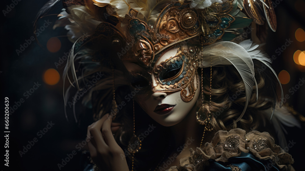 A pretty young woman with a mask, she is dressed for a mystical masquerade ball