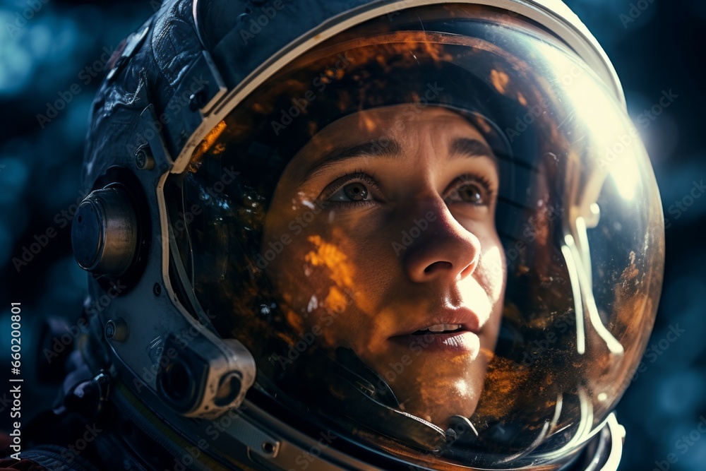 Cosmonaut or astronaut. Portrait of a spaceman with selective focus and copy space Cosmonaut or astronaut. Portrait of a spaceman with selective focus and copy space