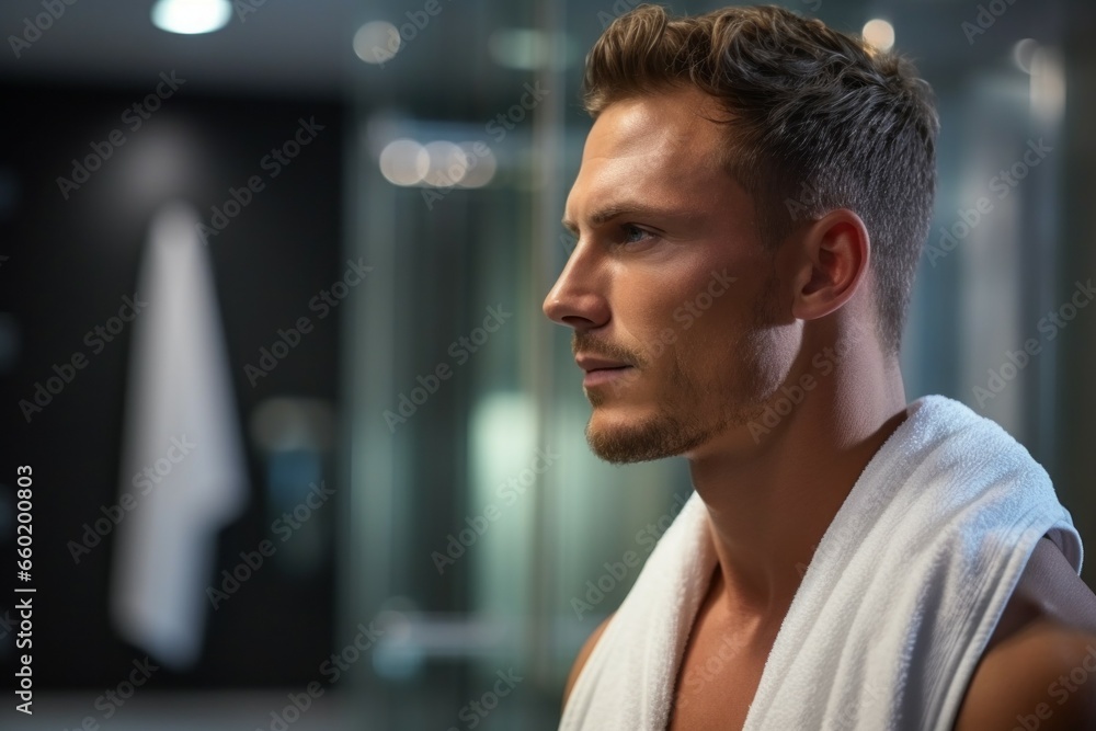 A man gets out of the shower. Portrait with selective focus and copy space A man gets out of the shower. Portrait with selective focus and copy space