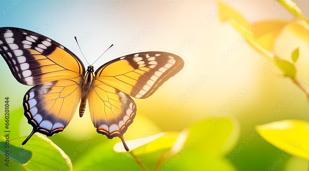 Fototapeta premium Macro of beautiful butterfly flying near spring leaves in fall season at sunrise on light background. Banner