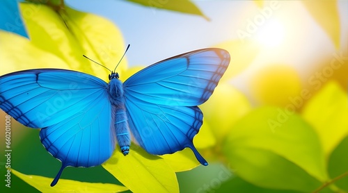 Macro of beautiful blue butterfly flying near spring leaves in fall season at sunrise on light background. Banner