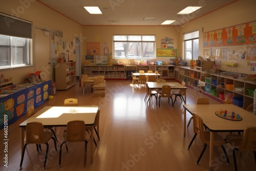 inside a classroom with chairs, benches and toys on tables, preschool classroom
