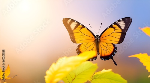 Macro of beautiful butterfly flying near spring leaves in fall season at sunrise on light background. Banner