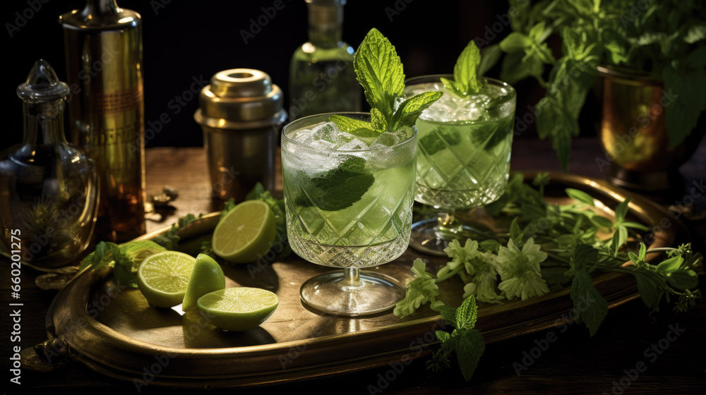 Delicious cocktails with lime are on a tray ready to drink Delicious cocktails with lime are on a tray ready to drink