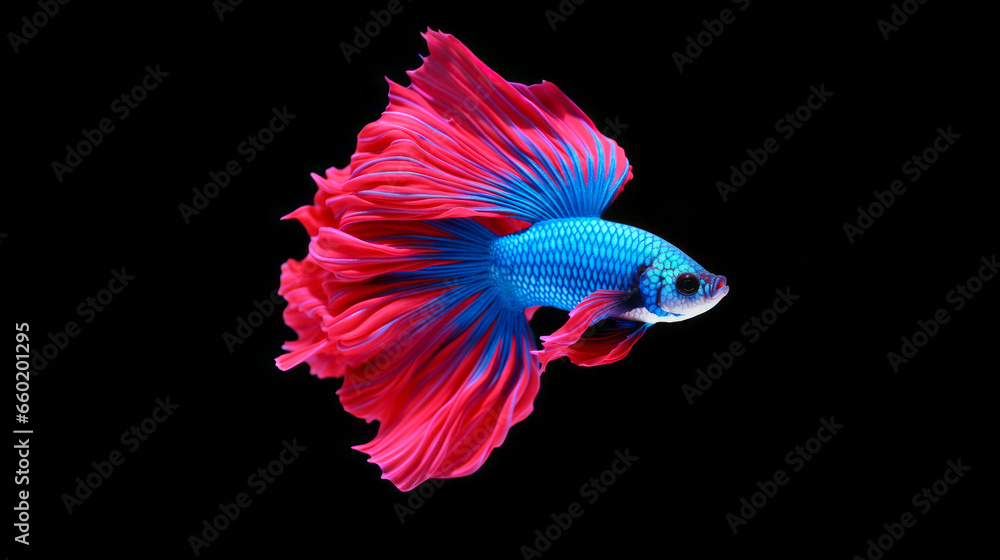 Siamese fighting fish, betta fish, blue body, red fins tail, flowing, iridescent scales isolated on black background Siamese fighting fish, betta fish, blue body, red fins tail, flowing, iridescent scales isolated on black background