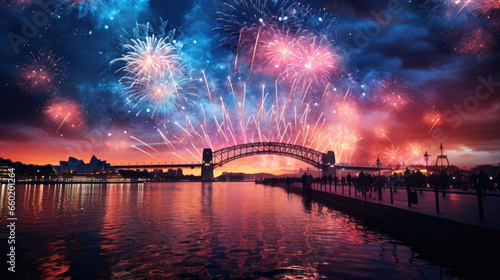 Beautiful New Year's Eve fireworks over a large bridge at night with reflections in the water