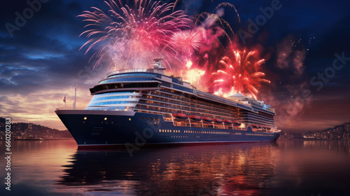 New Year's Eve fireworks at night over a large cruise ship photo