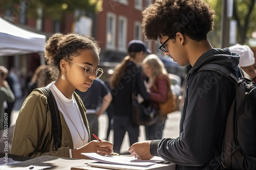 Young woman gathers signatures at a street fair