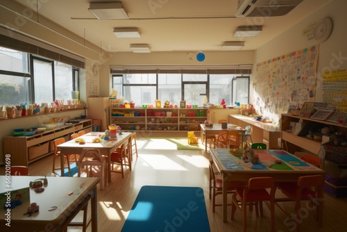 inside a classroom with chairs, benches and toys on tables, preschool classroom