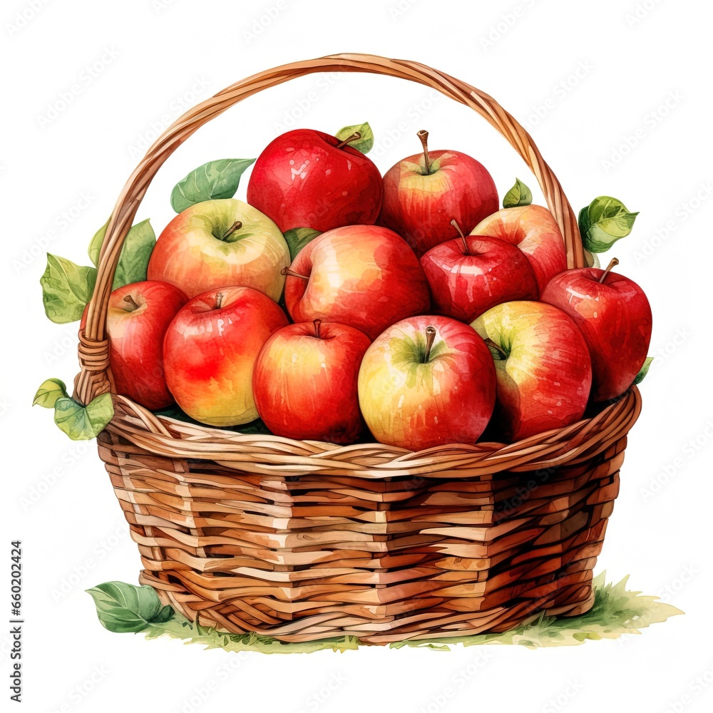 watercolor illustration of ripe red apples in a basket on white background watercolor illustration of ripe red apples in a basket on white background