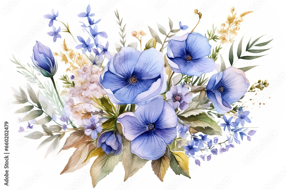 watercolor illustration of a floral bouquet of blue wildflowers and leaves on a white background - obrazy, fototapety, plakaty 